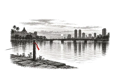 O Recife visto do meio do rio, a ponte e o horizonte ao fundo; uma estaca de agrimensor no cais, fita vermelha.