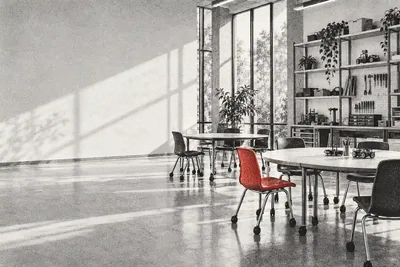 Uma sala de aula moderna e vazia: mesas redondas com rodízio, estante de oficina maker com ferramentas, janelas altas; uma cadeira, vermelha.