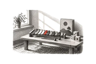 Um pequeno glockenspiel sobre uma mesa baixa, ao lado de um livro infantil fechado e blocos de madeira; uma lâmina do instrumento, vermelha.