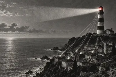 Um farol num promontório, o facho varrendo os telhados de uma vila abaixo; fios finos ligam a lanterna a cada telhado, como se o farol guiasse e conectasse o conjunto; a lanterna, vermelha.
