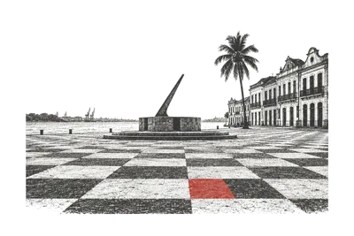 O Marco Zero do Bairro do Recife, piso em tabuleiro de xadrez levando ao obelisco do relógio de sol, armazéns e coqueiro ao fundo; uma placa do tabuleiro, vermelha.