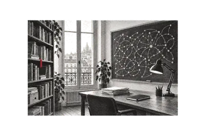 Um quadro-negro com um diagrama de agentes em nós e setas, mesa de estudo e estante de livros, janela parisiense ao fundo; uma fita de marcador entre os livros, vermelha.