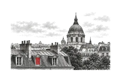A cúpula da Sorbonne sobre os telhados de zinco de Paris; uma janela de sótão com veneziana vermelha.