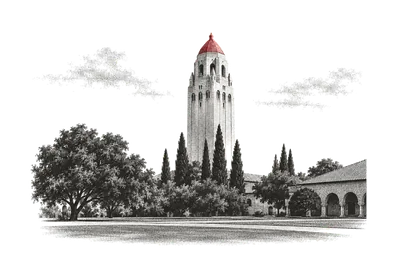 A Hoover Tower de Stanford entre ciprestes, vista do gramado; o telhado piramidal do topo, vermelho.
