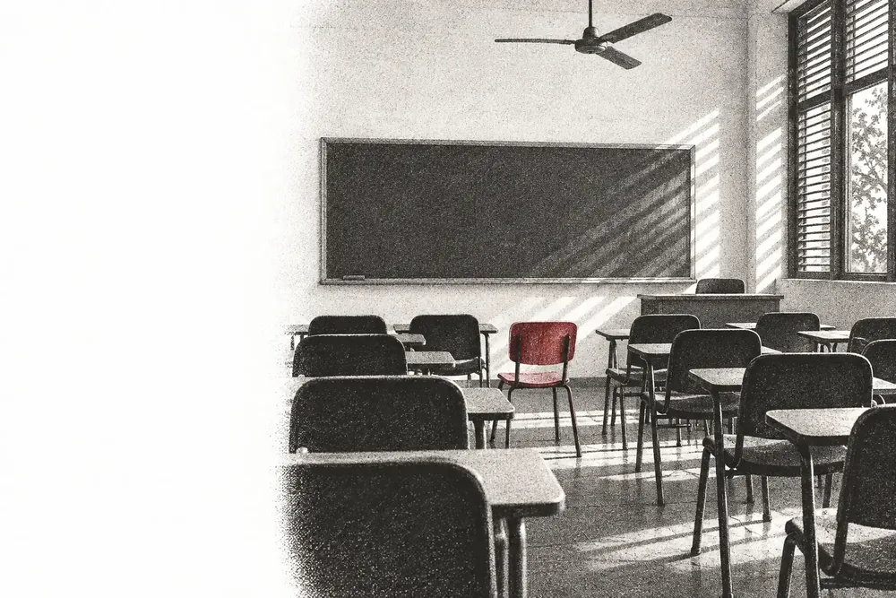Sala de aula vazia ao fim do dia: fileiras de cadeiras, quadro em branco, janela de veneziana; uma cadeira, vermelha, virada para as outras.