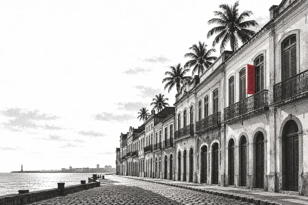 Rua do Bairro do Recife como gravura de arquitetura: armazéns de dois e três andares, arcos, sacadas de ferro, coqueiros; uma veneziana aberta, vermelha.