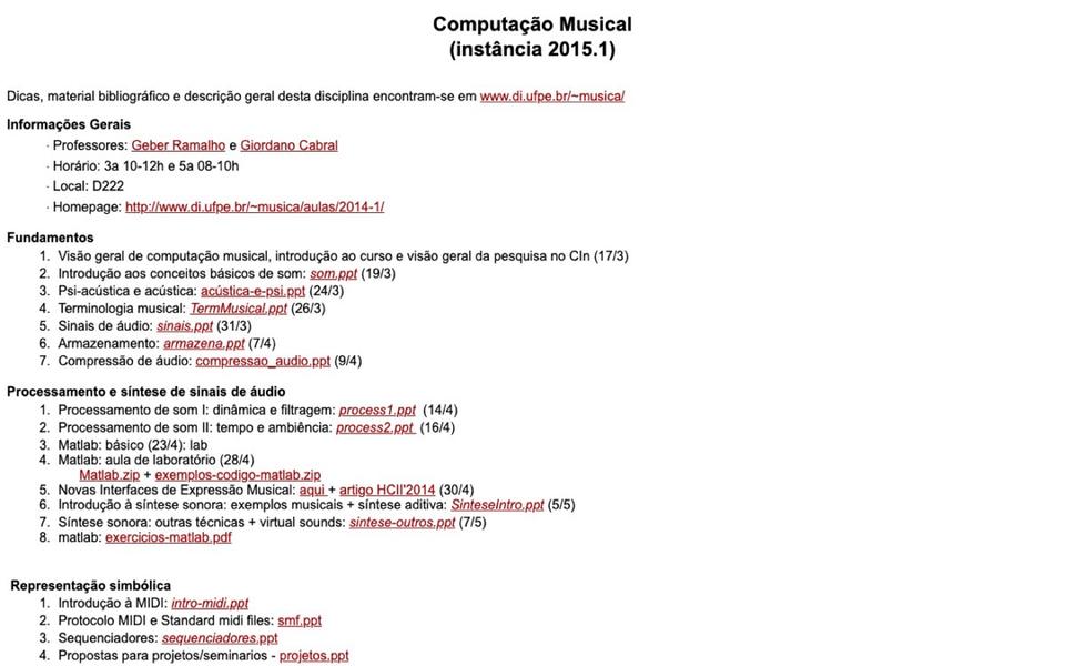 Site histórico da disciplina (~musica), instância 2015.1, com Geber Ramalho e Giordano Cabral