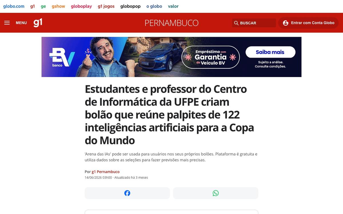 Matéria do g1 Pernambuco sobre o bolão de inteligências artificiais criado no CIn-UFPE (14/06/2026)