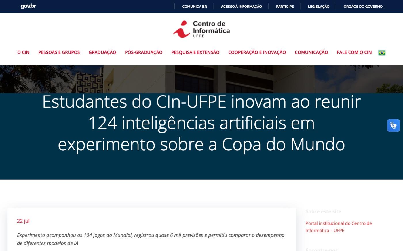 Matéria do portal do CIn-UFPE sobre os resultados do Bolão das IAs, em julho de 2026