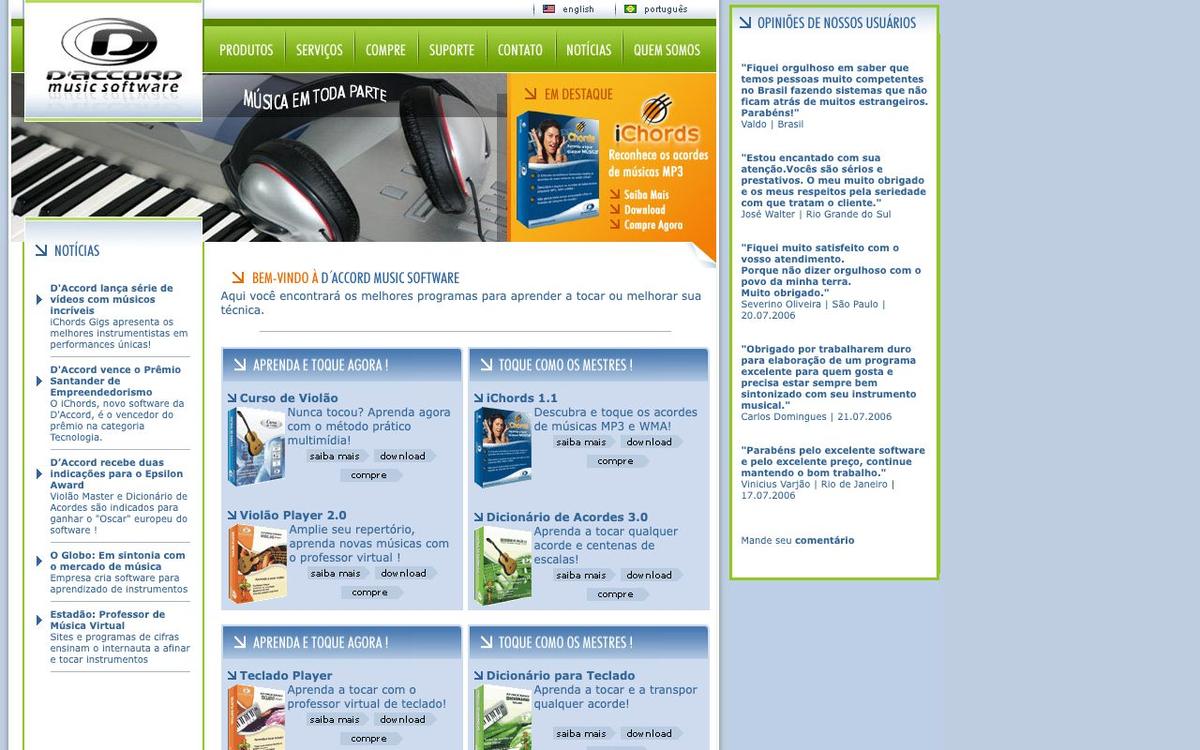 Site da D'Accord em maio de 2007, com o iChords em destaque e as notícias do Prêmio Santander e do Epsilon Award (Wayback Machine)