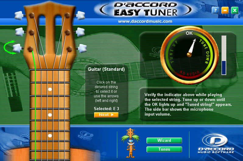Tela do Easy Tuner: cabeça do violão com a corda selecionada, indicador de afinação e barra de volume do microfone (captura de 2007)