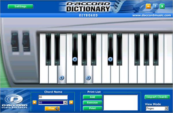 Tela do Keyboard Chord Dictionary, edição em inglês do dicionário para teclado, com as notas do acorde marcadas no teclado (captura do manual on-line)