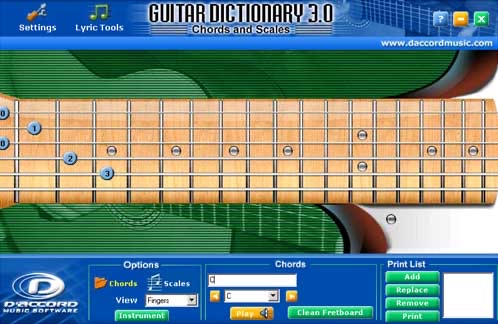 Tela do Guitar Dictionary 3.0, edição em inglês do dicionário de acordes, com o braço da guitarra e o painel de acordes e escalas (captura de 2008)