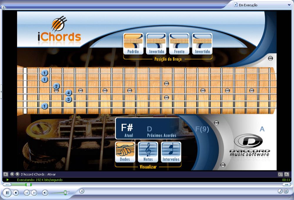 Tela do iChords para computador: braço de violão com o acorde em execução e o próximo acorde (captura do site da D'Accord)