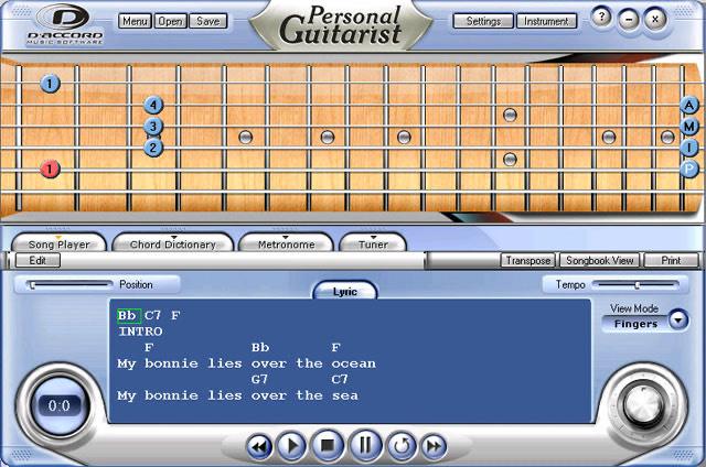 Tela do Personal Guitarist: braço de violão, abas de reprodução, dicionário, metrônomo e afinador, e a letra com a cifra (captura de 2007)